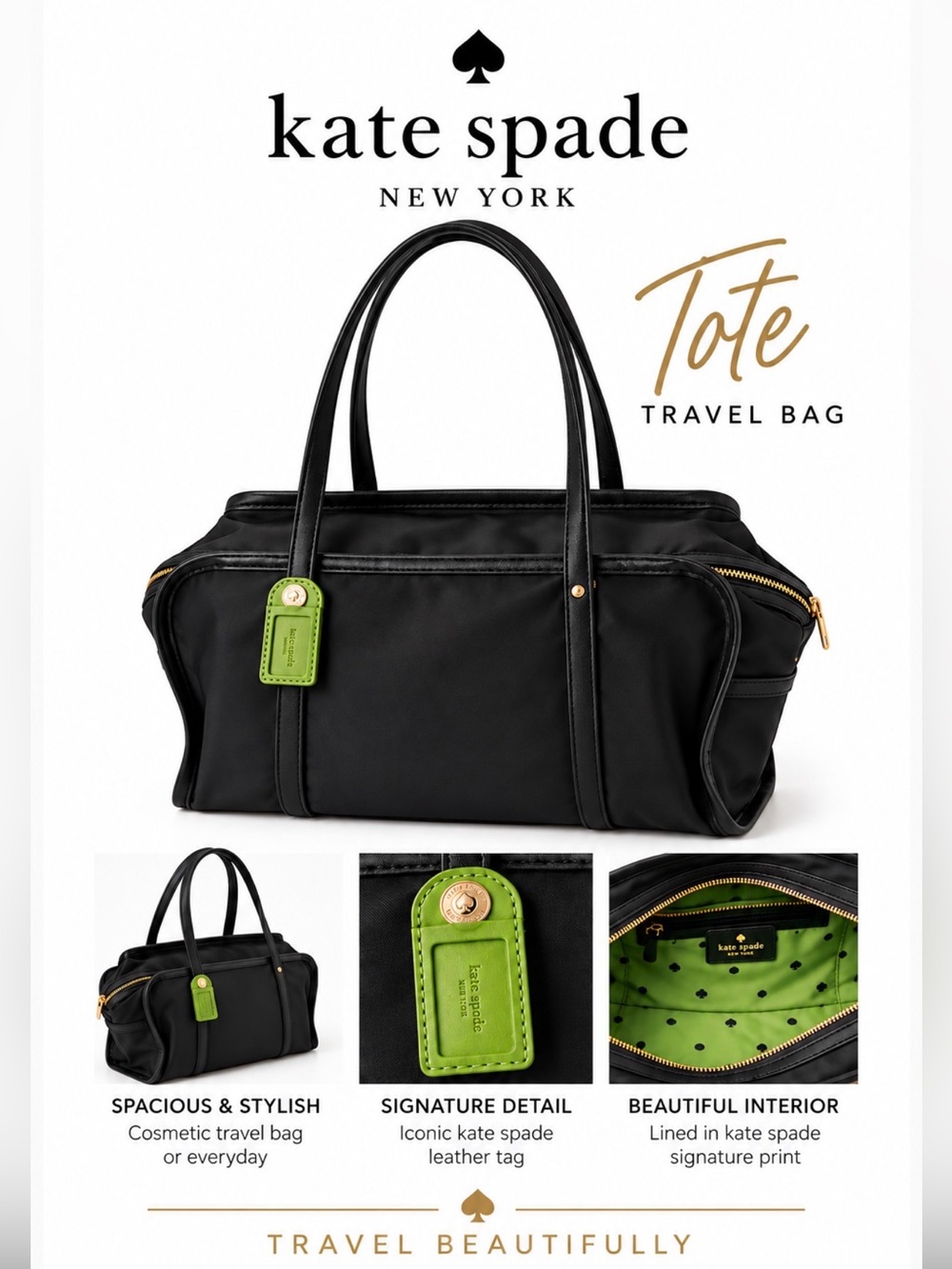 kate spade Black Tote with Green Tag and Polka Dot Lining